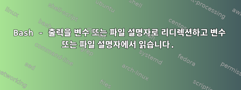 Bash - 출력을 변수 또는 파일 설명자로 리디렉션하고 변수 또는 파일 설명자에서 읽습니다.