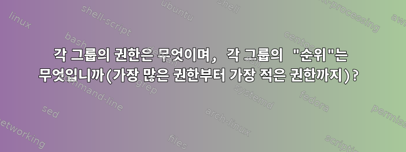 각 그룹의 권한은 무엇이며, 각 그룹의 "순위"는 무엇입니까(가장 많은 권한부터 가장 적은 권한까지)?