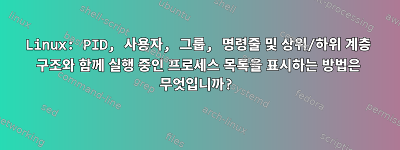 Linux: PID, 사용자, 그룹, 명령줄 및 상위/하위 계층 구조와 함께 실행 중인 프로세스 목록을 표시하는 방법은 무엇입니까?