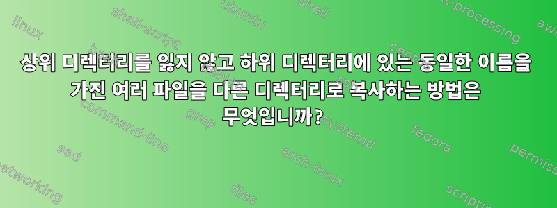 상위 디렉터리를 잃지 않고 하위 디렉터리에 있는 동일한 이름을 가진 여러 파일을 다른 디렉터리로 복사하는 방법은 무엇입니까?