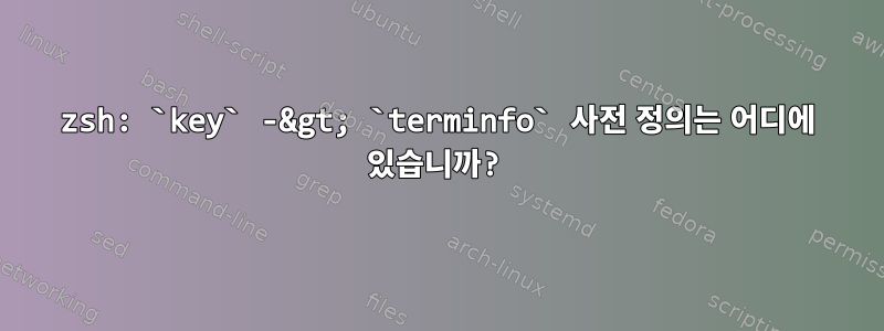 zsh: `key` -&gt; `terminfo` 사전 정의는 어디에 있습니까?