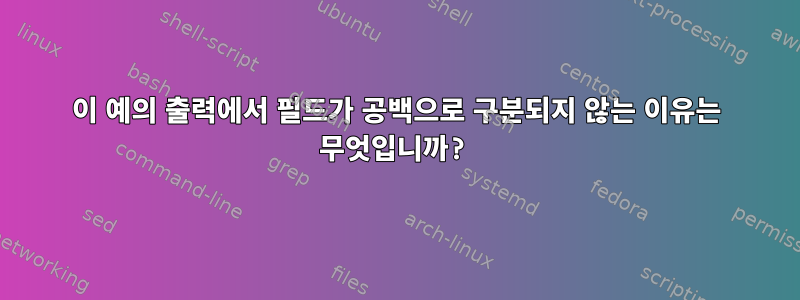 이 예의 출력에서 ​​필드가 공백으로 구분되지 않는 이유는 무엇입니까?