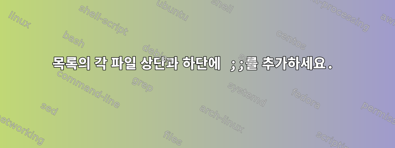 목록의 각 파일 상단과 하단에 ;;를 추가하세요.