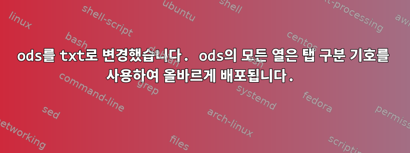 ods를 txt로 변경했습니다. ods의 모든 열은 탭 구분 기호를 사용하여 올바르게 배포됩니다.