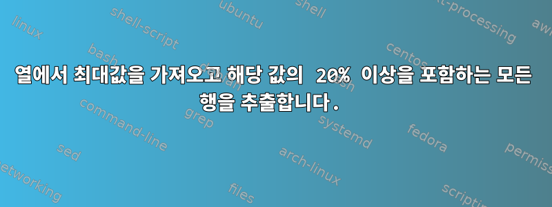 열에서 최대값을 가져오고 해당 값의 20% 이상을 포함하는 모든 행을 추출합니다.