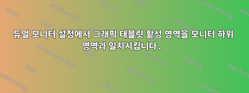 듀얼 모니터 설정에서 그래픽 태블릿 활성 영역을 모니터 하위 영역과 일치시킵니다.