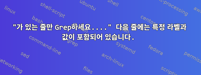 "가 있는 줄만 Grep하세요...." 다음 줄에는 특정 라벨과 값이 포함되어 있습니다.