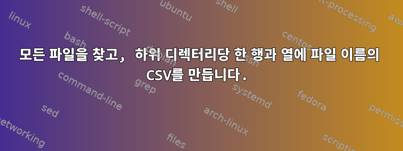 모든 파일을 찾고, 하위 디렉터리당 한 행과 열에 파일 이름의 CSV를 만듭니다.